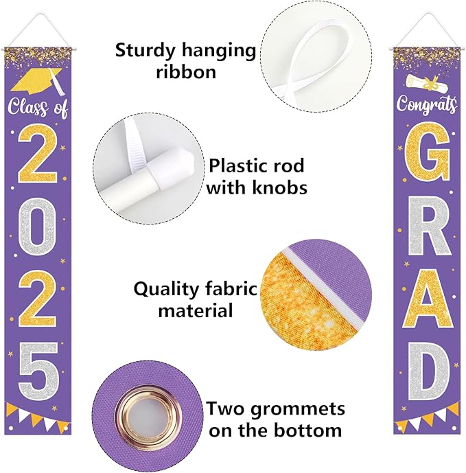 Graduation Decorations 2025 GRAD Banner Purple Porch Door Sign Welcome Banner For Indoor Outdoor Wall Graduation Decorations Class of 2025
