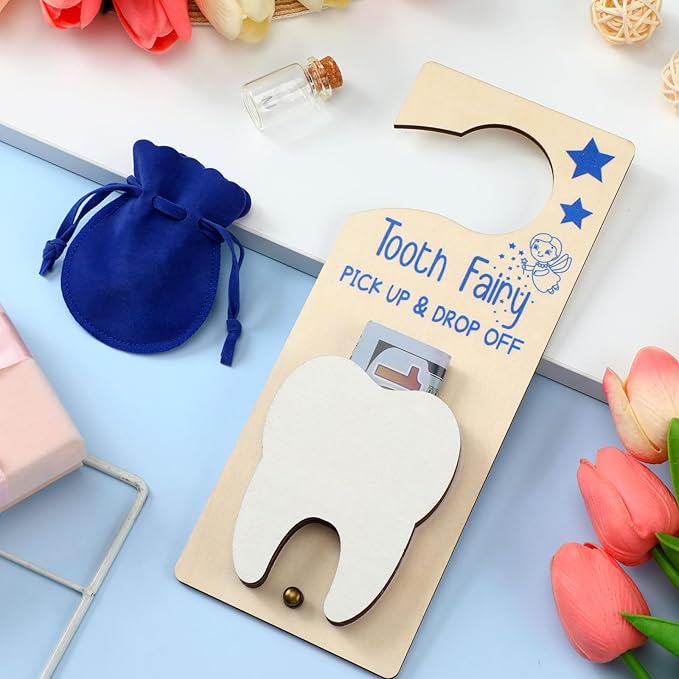 Tooth Fairy Holder Bag Door Hanger with Money Slot Keepsake Bottle Velvet Pouch Teeth Fairy Box Encourage Gift for Lost Teeth Boy Girl Milk (Classic,Dark Blue)