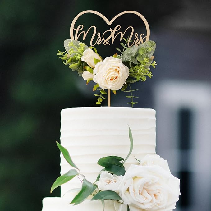 Mr & Mrs Wedding Cake Topper in Wood Heart Cake Topper with Flowers and Leaves