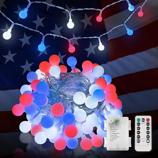 suddus Fairy Lights, 50 Led Battery Powered String Lights, Globe String Lights for Flag, Backyard, Patio, Garden, Party, Bedroom, Living Room, Classroom, Christmas, Red White and Blue