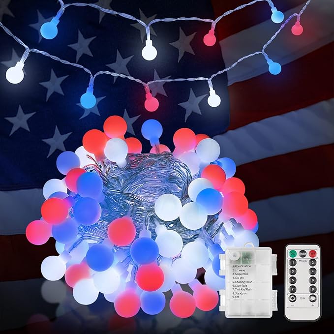 suddus Red White and Blue Lights, 100 Led Battery Powered String Lights, Globe String Lights for Flag, Backyard, Patio, Garden, Party, Bedroom, Living Room, Christmas, Classroom Decoration