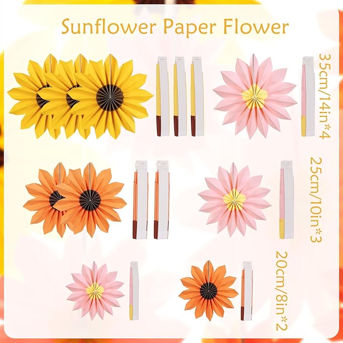 Homarkable 9 PCS Paper Flowers Decorations, Yellow, Pink and Orange Birthday Decorations, Sunflower Folding Paper Fans, Classroom Decoration Floral Backdrop Decor