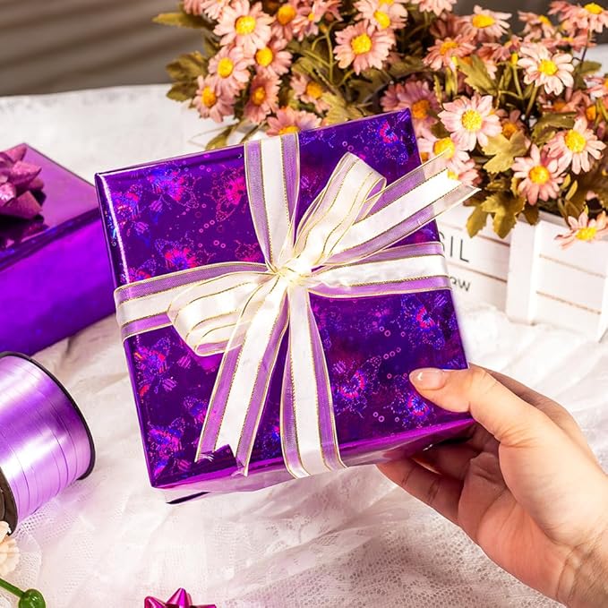 Yarcony Purple Wrapping Paper Roll, Holographic Butterfly Wrapping Paper - 17 Inch x 33 Feet - Shiny Iridescent Butterflies Design Thick Purple Gift Wrap for Birthday, Wedding, Christmas, Halloween