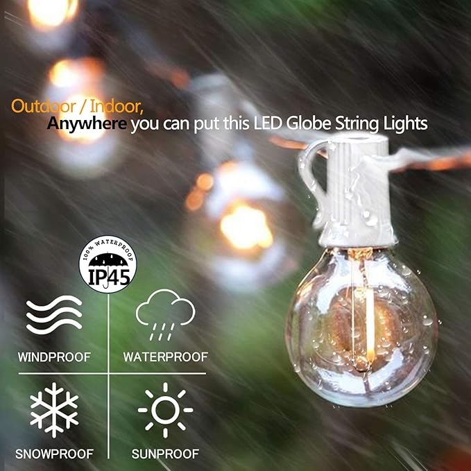 Outdoor Globe String Lights White - G40 Outdoor Lights Patio String Lights Linkable Waterproof with 27 Shatterproof Clear Bulbs(2 Extra) for Wedding Party Pergola Gazebo Lights