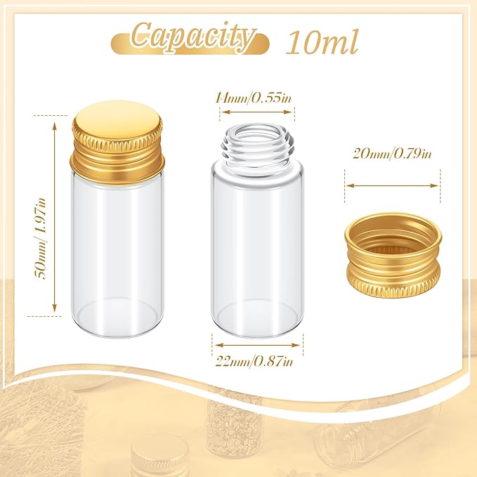 200 Pcs Small Clear Vials Spice Mini Jars with Lids Mini Glass Bottles with Screw Aluminum Metal Caps Tiny Jars Sample Containers for Powder Cream Cosmetic Jewelry Wedding (10 ml,Gold Caps)