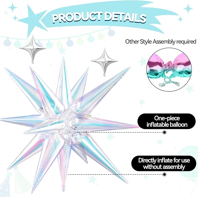 18 Pcs Iridescent Star Balloons, Iridescent Clear Stars Foil Balloon with 6 Pcs 22-Inch Explosion Star Balloons 12Pcs Silver 10-Inch Four Pointed Stars Balloon for Birthday New Year Party Decors