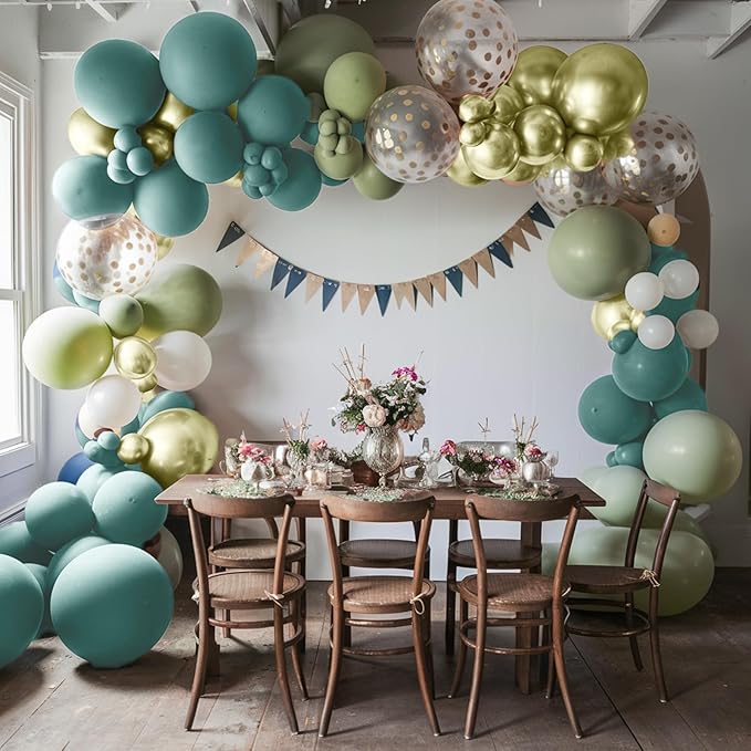 Sage Green and Blue Balloon Arch Kit, 120 PCS Dusty Green Blue Gold Olive Green Slate Blue Beige Sand Gold Balloon Garland for Women Men Boho Birthday Baby Bridal Shower Party Decorations