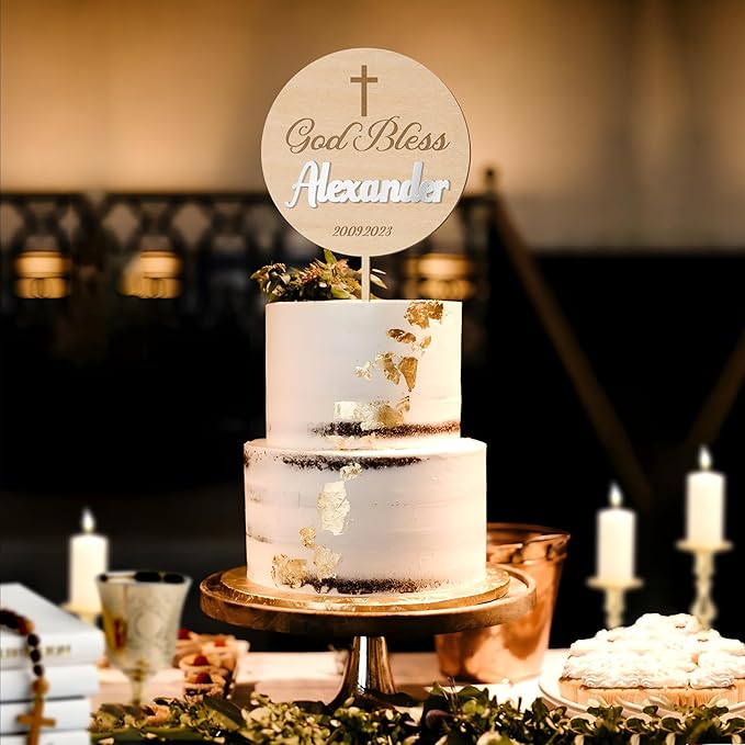 Personalized Baptism Cake Topper 3D Wood & Acrylic Custom Name & Date God Bless Cake Topper Decoration (Design 02)