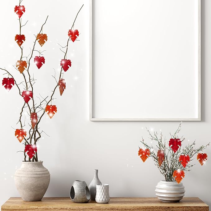 12Pcs Fall Thanksgiving Glass Maple Leaf Ornaments Small Tree Hanging Glass Ornament for Thanksgiving Party Hanging Decor Tree Decor Autumn Fall Harvest Farmhouse Home Decorations