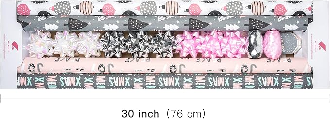 WRAPAHOLIC Christmas Wrapping Paper Set - Rustic Kraft Pink and Grey Christmas Kraft Wrapping Paper Bundle with Gift Bow & Ribbon & Tag & Sticker, Perfect for Birthday, Holiday, Party