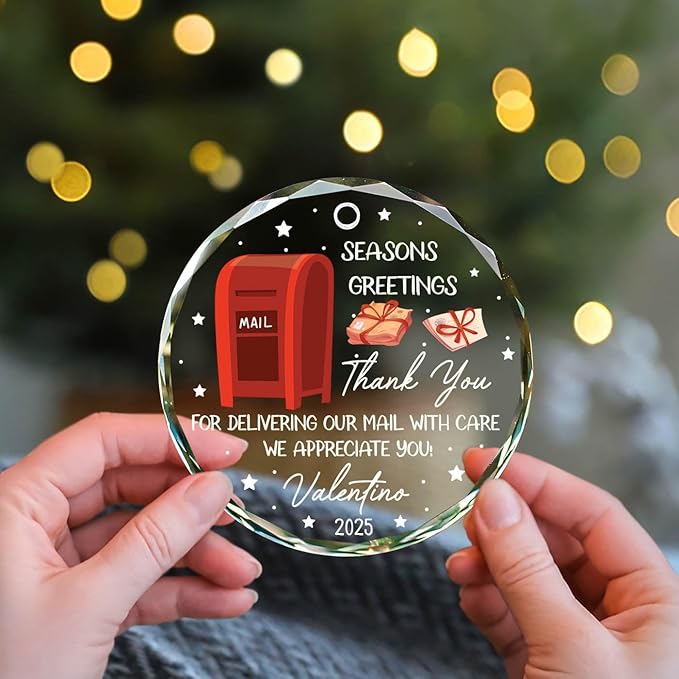 Personalized Thank You Mail Carrier Ornament Xmas 2025, Seasons Greetings Christmas Glass Ornament Gifts for Mailman Postal Worker & Driver, Custom Name & Year Mail Carrier Ornaments Xmas Tree Decor