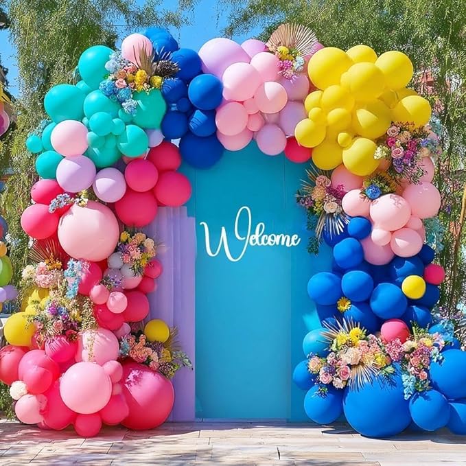 Hot Pink Blue Yellow Balloon Garland, Double Stuffed Royal Blue Fuchsia Pink Teal Lavender Balloons Pastel Lilac Yellow Balloon Arch Kit for Tropical Hawaii Aloha Luau Encanto Summer Party Decorations