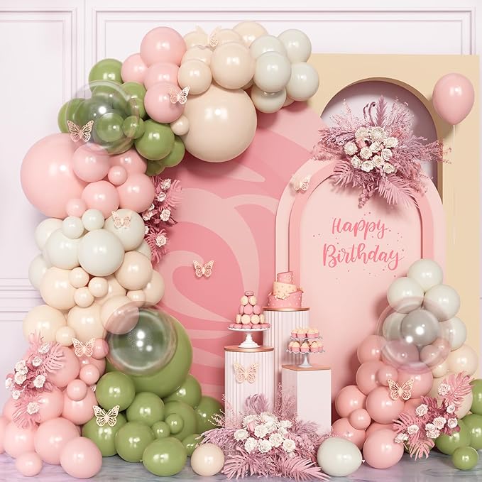 132Pcs Retro light pink and Green Balloon Arch Garland Kit, Sage Green, Pastel Orange, Sand White Balloons for Baby Shower Wedding Bridal Birthday Gender Reveal Party Decorations