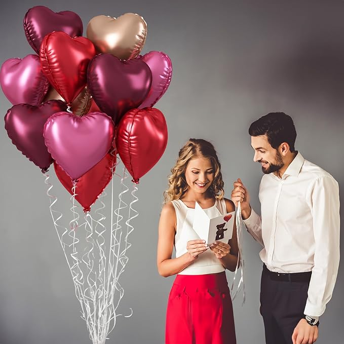 Wine Red Heart Balloons, 18 Inch 12 Pcs Burgundy Red and Pink Foil Heart Balloons Red and Rose Gold Heart Shape Mylar Balloons Party Decoration for Birthday Wedding Valentines Anniversary