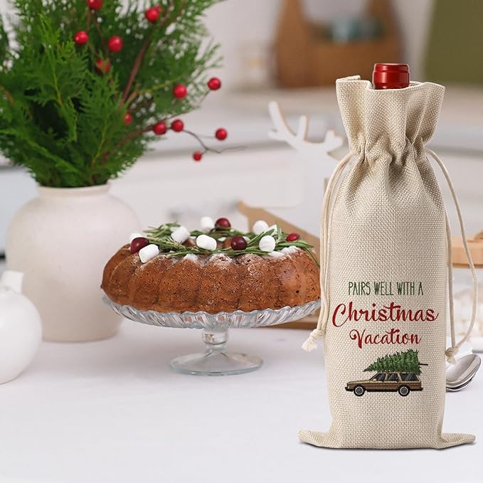 Christmas Vacation Wine Bag, Pairs Well With Christmas Vacation Wine Bottle Cover, Merry Xmas Holiday Party Decorations, Xmas New Year Vacation Gifts