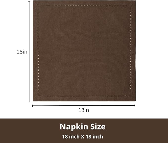 PurpleEssences Set of 12 Hemstitch Cloth Dinner Napkins 100% Cotton - Soft Durable Washable - Ideal for Wedding Christmas Holiday Winter - Perfect Everyday Use Table Linen 18x18 - Nut Brown