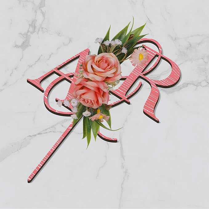 Wedding Cake Topper with 3D Artificial Flowers and Green Leaves Custom Initials Personalized Wooden Anniversary Cake Decoration (Pink)
