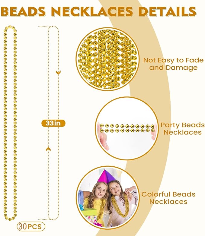 SHAOQINLIN 30 PCS Gold Bead Necklace, Gold Mardi Gras Christmas Beads Necklaces 33" Metallic Beaded Costume Necklaces Party Necklaces for Mardi Gras Parade Throws Wedding Birthday Pirate Party Favors