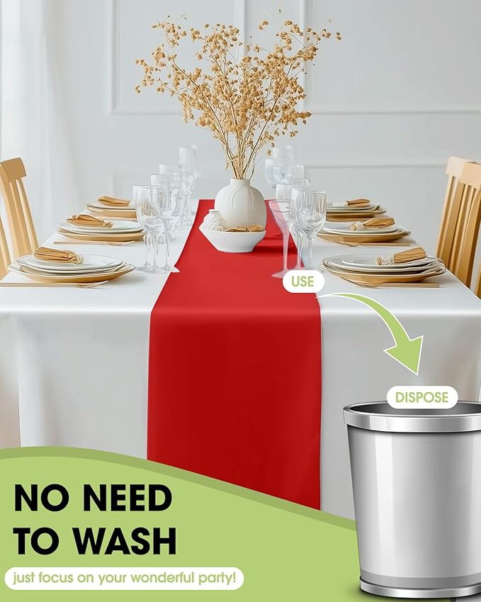 Pureegg Red Plastic Table Runners - 12 Pack, 14'' x 108'', Water Resistant & Disposable Centerpiece Decorations for Table Cloth, Wedding, Birthday, Holiday, Baby Shower, Party, Home Decor