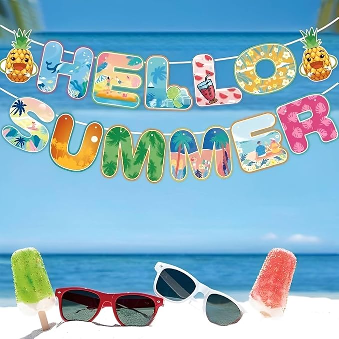 Summer Party Decorations Hello Summer Banner Colorful Beach Pool Theme Banners Hanging Swirls Beach Party Decorations Garland for Holiday Happy Party Supplies