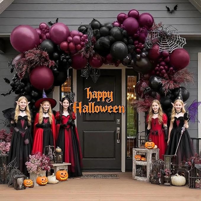 Dark Purple Black Balloons Garland Double Stuffed Black Burgundy Plum Balloon Arch Kit for Birthday Spooky Halloween Wednesday Vampire Gothic Dark Party Decorations