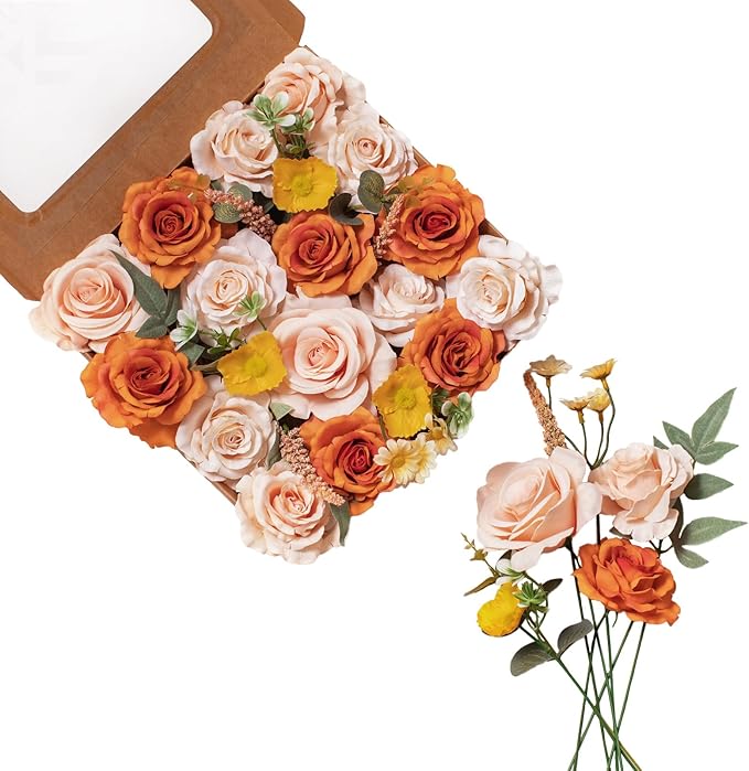 FANKO Rose Artificial Flowers Combo for DIY, Fake Orange Rose Silk Flowers Greenery, Faux Flowers for Wedding Bridal Bouquet, Baby Shower, Table Centerpieces, Floral Arrangement, Party Home Decoration