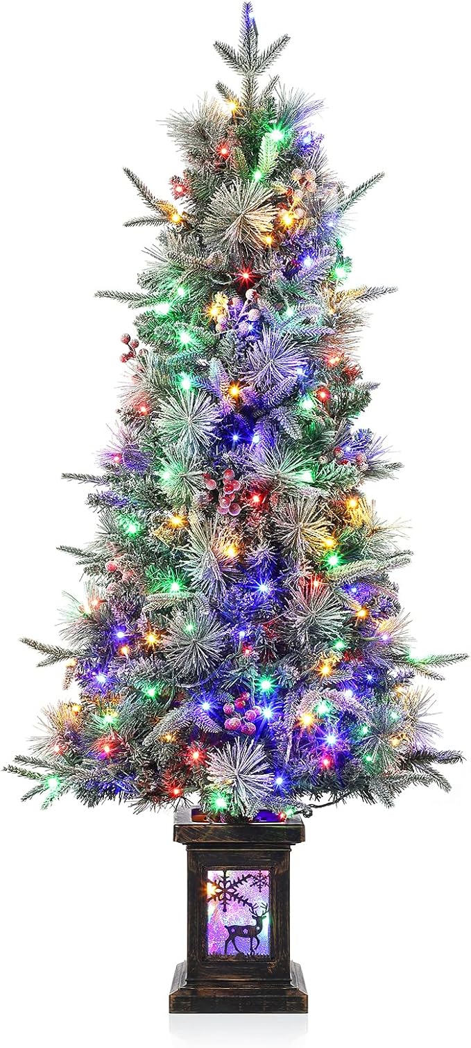 GarveeHome 4.5ft Prelit Christmas Trees with 150 Two-Color Lights & 20 Clusters Red Berry, Artificial Potted Xmas Tree with 8 Light-Modes, Elk Base, Holiday Decor, 1 PCS