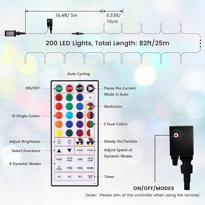 Christmas Color Changing String Lights, 82ft 200 LED Christmas Lights Outdoor with Remote, Plug in RGB Orange Purple Lights for Home Yard Garden Indoor Outdoor Decorations
