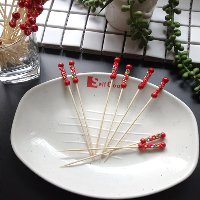 PuTwo Cocktail Picks Handmade Toothpicks 4.7” 100ct Red Beads with Rope