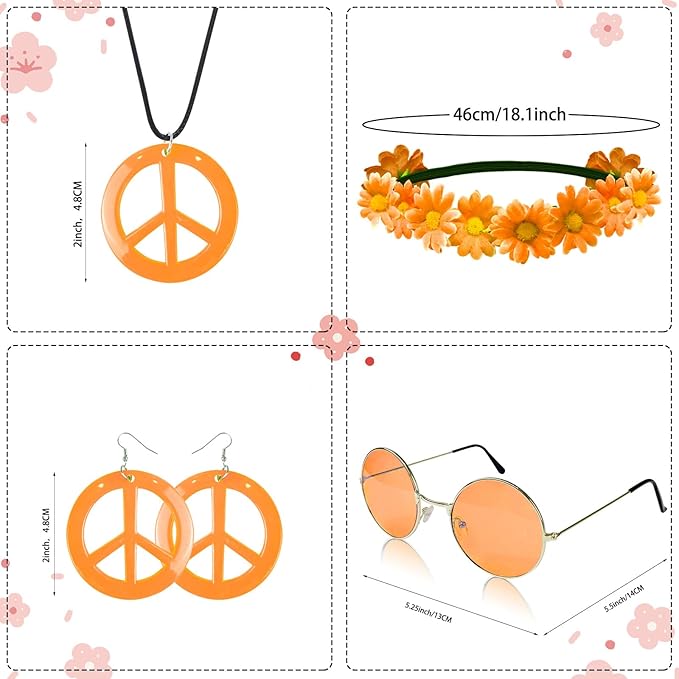 Hippie Costume Set Includes Peace Sign Necklace and Earring, Flower Crown Headband and Sunglasses 60s 70s Party Accessories