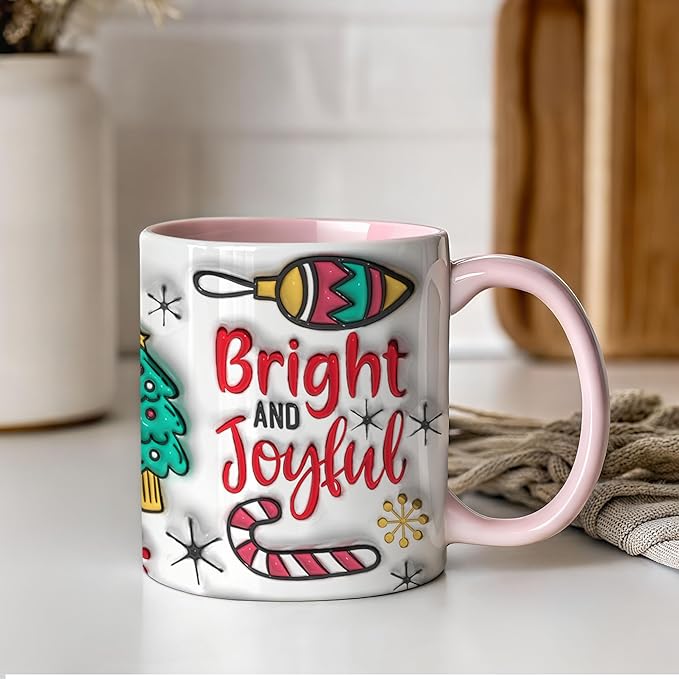 Bright And Joyful Christmas Inflated 3D Wrap Mugs, Two-Tone Accent Ceramic Coffee Drinking Cups, 11oz 15oz