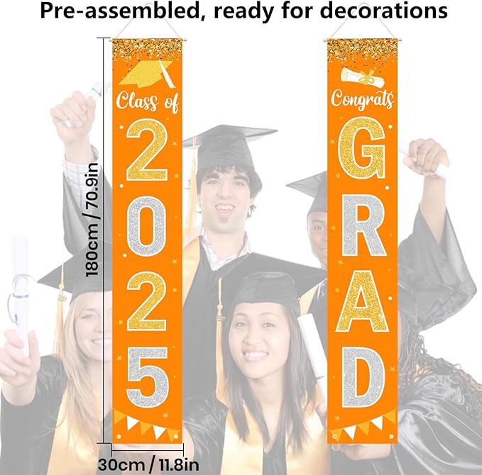Graduation Decorations 2025 GRAD Banner Orange Porch Door Sign Welcome Banner For Indoor Outdoor Wall Graduation Decorations Class of 2025