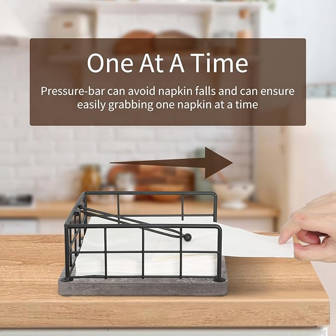 YINMIT Flat Napkin Holder for Table Wood, Gray Farmhouse Napkin Holders with Weighted Arm, Rustic Metal Square Napkin Holder Organizer for Kitchen Bathroom Dining Table