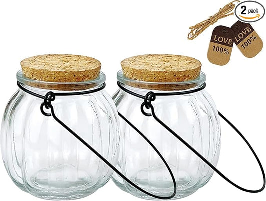 2 Pcs Decorative Glass Jars,Pumpkin Shape Bottles With Cork Stopper and Hanging Rings Wishing Bottle Hydroponic Glass Vases Decor for Home Furnishing Outdoor Party Wedding Centerpiece（Pumpkins）