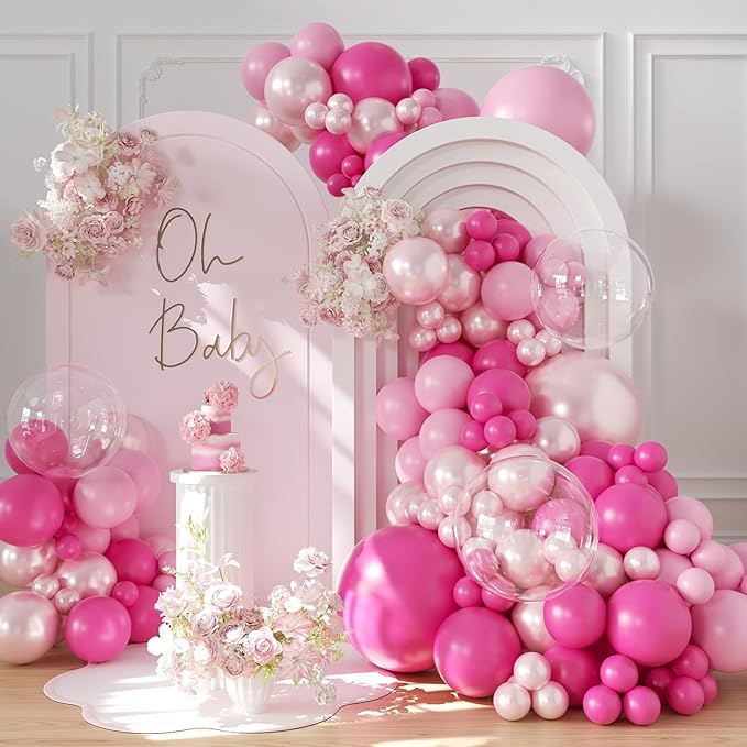 Hot Pink Balloon Arch Kit 101Pcs Double Stuffed Pearl Pink Light Pink Clear Balloon Different Size for Princess Wedding Birthday Baby Shower Bachelorette Party Decorations