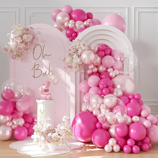 Hot Pink Balloon Arch Kit 101Pcs Double Stuffed Pearl Pink Light Pink Clear Balloon Different Size for Princess Wedding Birthday Baby Shower Bachelorette Party Decorations