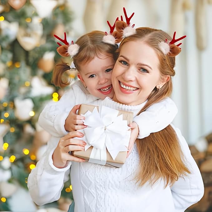 Christmas Reindeer Antlers Headband Brown Red Deer Ears Clips with Elk Fluff Red Antler Design Party Xmas Deer Antlers Decor Holiday Costume Hairpin for Women Ear Decoration