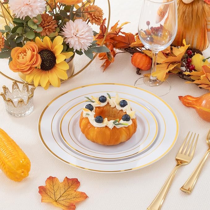 FLOWERCAT 60PCS Gold Plastic Plates - Heavy Duty White and Gold Plastic Plates Disposable for New Year/Thanksgiving Party/Wedding - Include 30PCS 10.25" Dinner Plates and 30PCS 7.5" Dessert Plates
