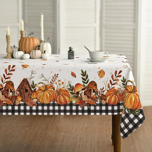 Horaldaily Fall Tablecloth 60x120 Inch Rectangular, Thanksgiving Autumn Harvest Pumpkin Mushroom Black Buffalo Plaid Table Cover for Party Picnic Dinner Decor