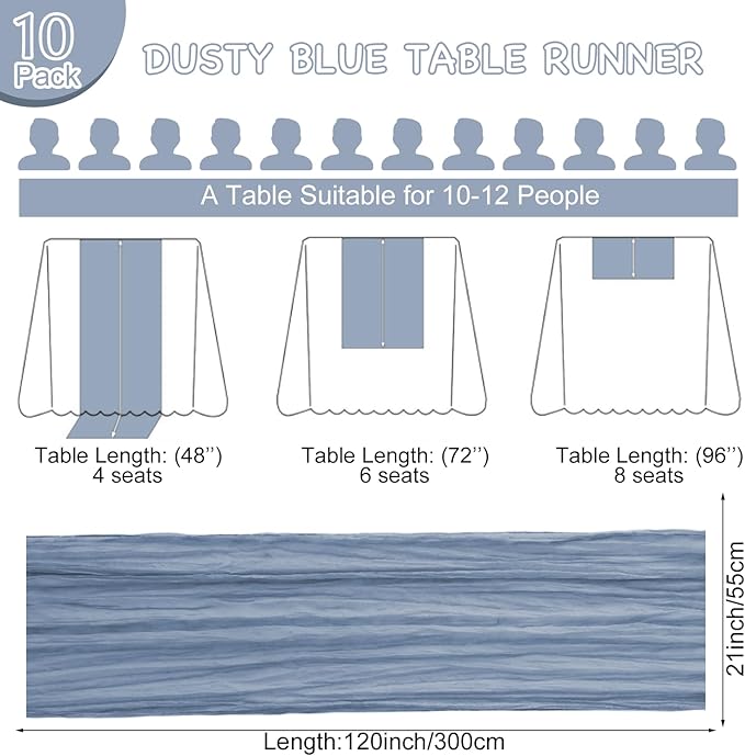 10 Pack Dusty Blue Table Runner 120 Inch Cheesecloth Table Runner 10FT Boho Gauze Table Runner Long Cheese Cloth Table Runner Semi Sheer Runners for Wedding Bridal Baby Shower Party