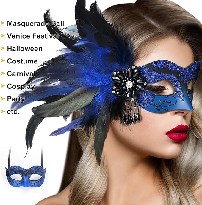 Masquerade Mask for Women Shiny Venetian Mask for Halloween Mardi Gras Costume Party Ball with Feather flower dec.