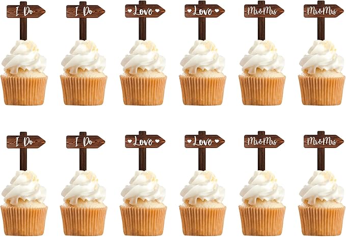12 PCS Rustic Wedding Cupcake Toppers in Wood Wedding Engagement Cake Decorations
