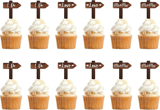 12 PCS Rustic Wedding Cupcake Toppers in Wood Wedding Engagement Cake Decorations