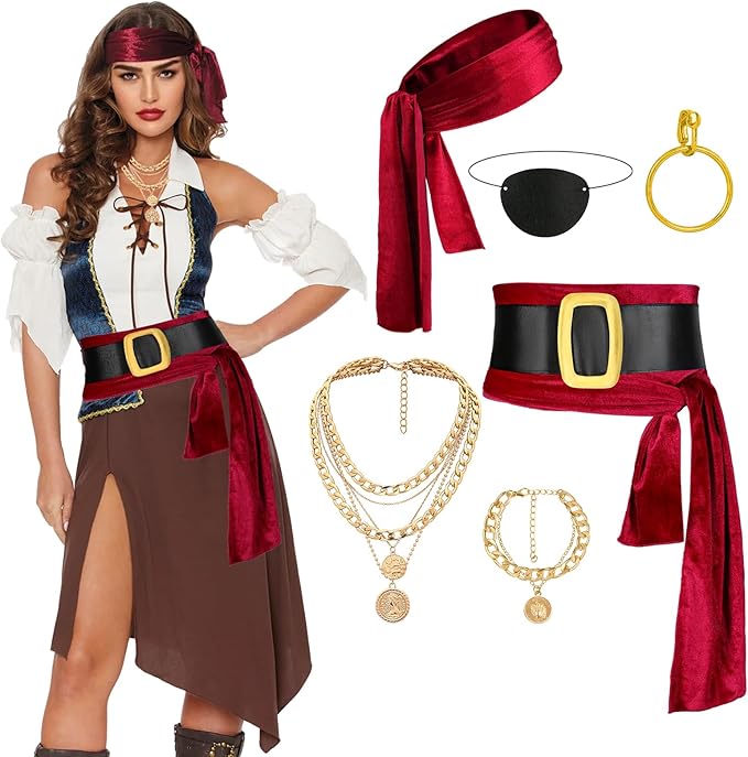 CICOCI Men Pirate Costume Accessories Set for Women: Pirate Hat, Head Scarf, Sash, Belt, Dress Accessories
