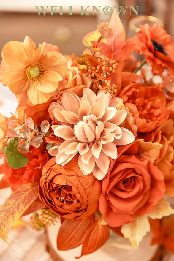 WELL KNOWN Artificial Flowers in Vase, Silk Rose Peony Flower Bouquet Table Centerpieces with Faux Water for Fall Home, Fake Flower & Maple Arrangement for Seasonal Party Decor (Burnt Orange & Earth)
