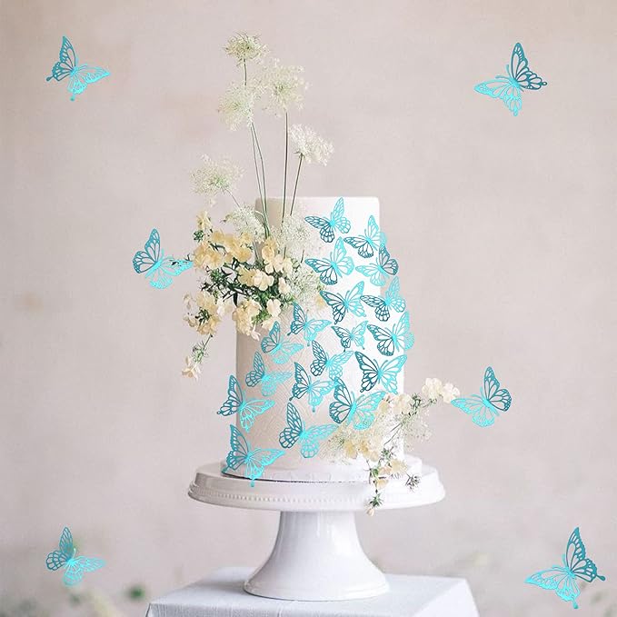 40 PCS Laser 3D Butterfly Cupcake Toppers Hollow Arts Cake Decorations for Baby Shower Wedding Fairy Birthday Party Supplies Wall Sticker Mixed Styles Sky Blue