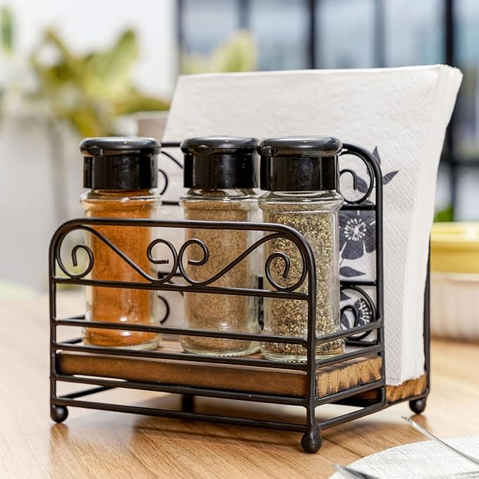MyGift 2-in-1 Disposable Napkin and Salt & Pepper Caddy, Black Metal Vintage Scrollwork Dinner Table Paper Towel Condiment Holder with Rustic Burnt Solid Wood Base