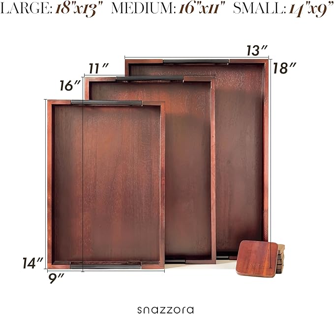 Acacia Wood Serving Tray - Set of 3 with Black Steel Handles 18", 16" & 14" with 6 Coasters - for Coffee Table, Ottoman in Living Room, Breakfast in Bed, Jewelry, Decorative (Vintage Finish)