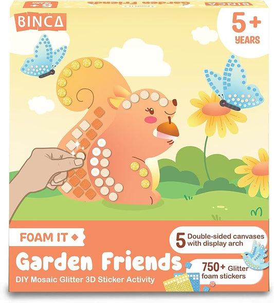 BINCA Foam Sticker Mosaic Art Activity, 750+ 3D Glitter Foam Stickers, 5 Garden Animals with Display Arch, Christmas Stocking Stuffers, DIY Mess-Free Activities, Gifts for Boys & Girls Ages 5,6,7,8