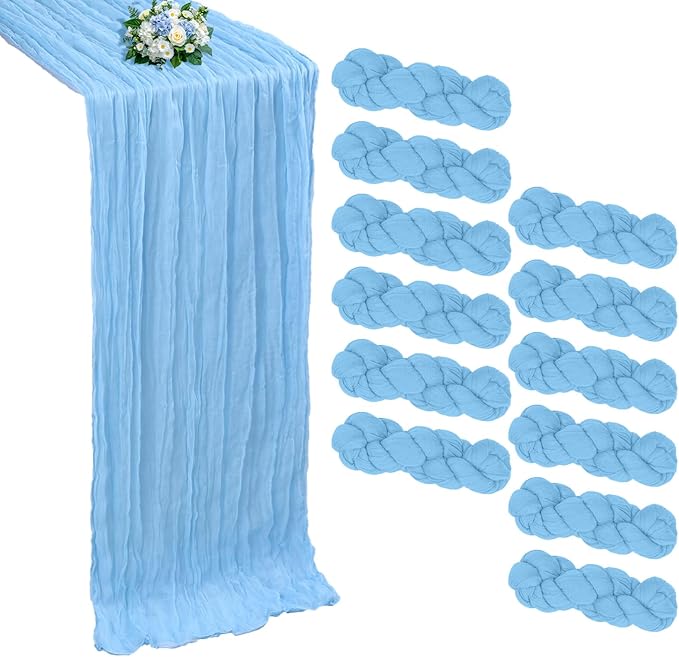 12 Pack Baby Blue Cheesecloth Table Runner 10FT Boho Cheese Cloths Gauze Fabric Table Runners 120 Inch Rustic Sheer for Wedding Birthday Party Baby Shower Centerpiece Home Decorations